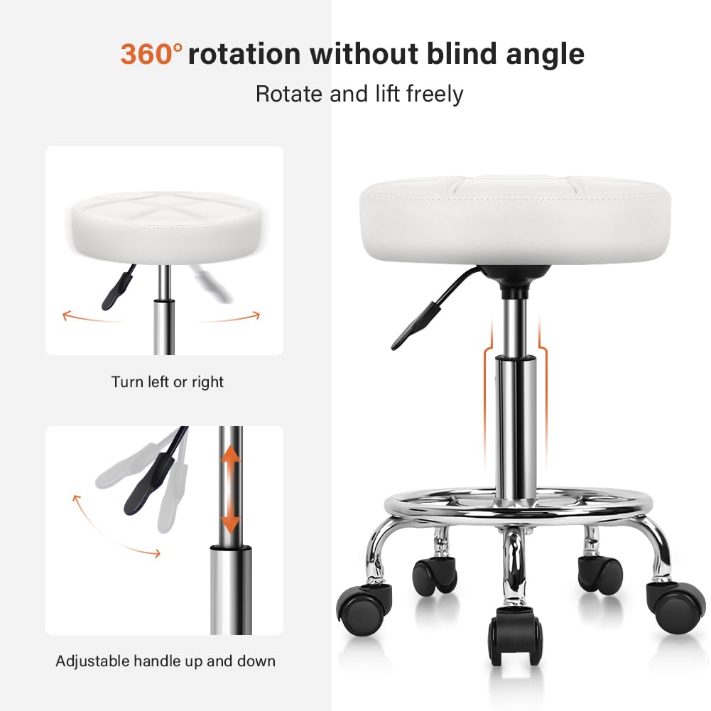 KKTONER Round Rolling Stool Chair PU Leather Height Adjustable Swivel Drafting Work SPA Shop Medical Salon Stools with Wheels Office Chair Small (White)
