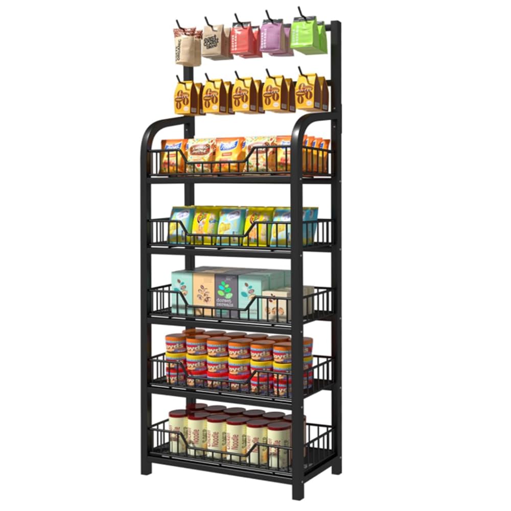 GZAODMCP 5 Tier Snack Display Rack, Retail Organizer with Hooks, Candy Potato Chip Storage Shelf, Snack Storage Organizer for Supermarket Stores Kitchen (23.6x10.6x65.3 in)