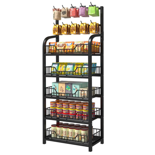 GZAODMCP 5 Tier Snack Display Rack, Retail Organizer with Hooks, Candy Potato Chip Storage Shelf, Snack Storage Organizer for Supermarket Stores Kitchen (23.6x10.6x65.3 in)