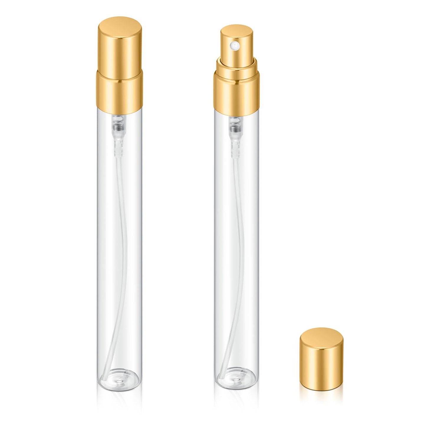 Jxcmeng 20Pcs 10ml Empty Clear Glass Mist Spray Bottle Refillable Mini Perfume Atomizer Travel Sample Bottle with Golden Aluminized Nozzle Makeup Container for Perfume (10ml Gold Caps)