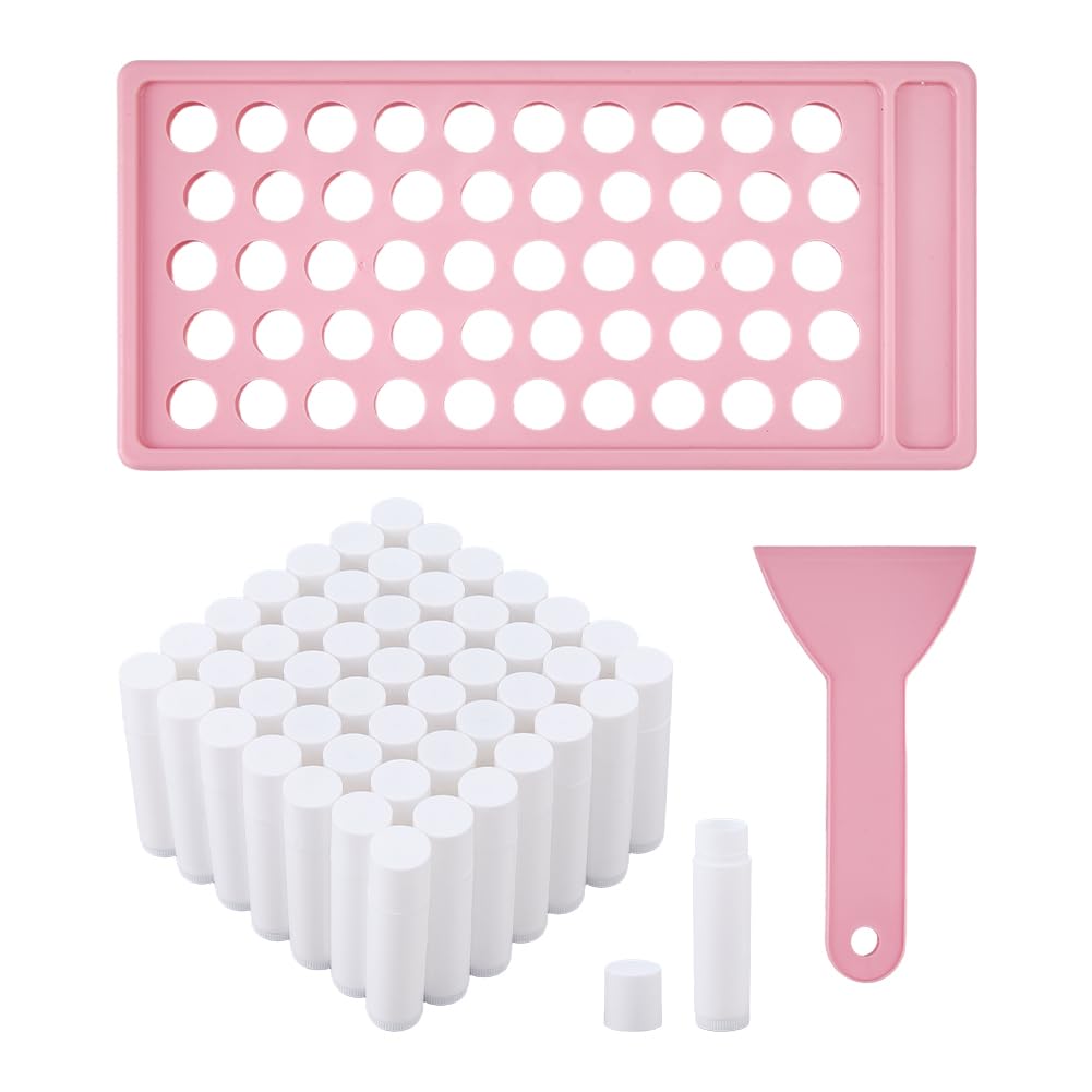 DICOSMETIC Lip Balm Tubes with Pink Filling Tray and Spatula Set Including 50Pcs 5G White Empty Lip Balm Containers with Caps for DIY Homemade Lipsticks, Solid Perfume