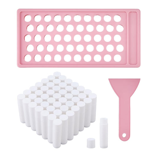 DICOSMETIC Lip Balm Tubes with Pink Filling Tray and Spatula Set Including 50Pcs 5G White Empty Lip Balm Containers with Caps for DIY Homemade Lipsticks, Solid Perfume