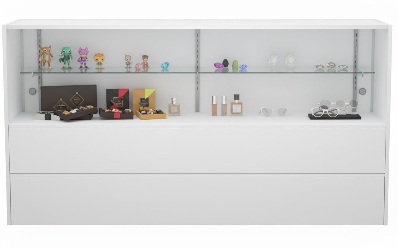 WISDOMFUR 6ft White Display Showcase Cabinet with LED Lighting – Half Vision Glass Display Case with Sliding Locking Doors & Storage Shelves for Retail Stores, Boutiques & Exhibits