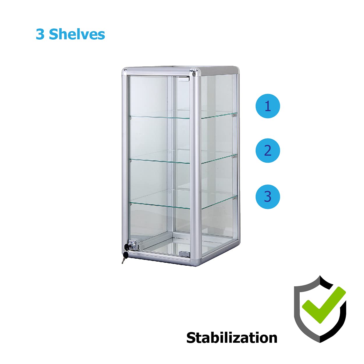 StoreDisplays 3 Shelf Sturdy H Glass Display Countertop Aluminum Frame Tempered Glass Showcase- 14" L x 12" D x 27" H (Silver)
