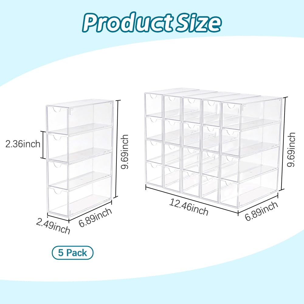RETON 5 Sets Acrylic Sunglasses Organizers with 20 Drawers, Clear Eyeglass Holder for Glasses Display, Plastic Makeup Storage for Eyewear Watch Art Craft Cosmetic Jewelry Office Desktop