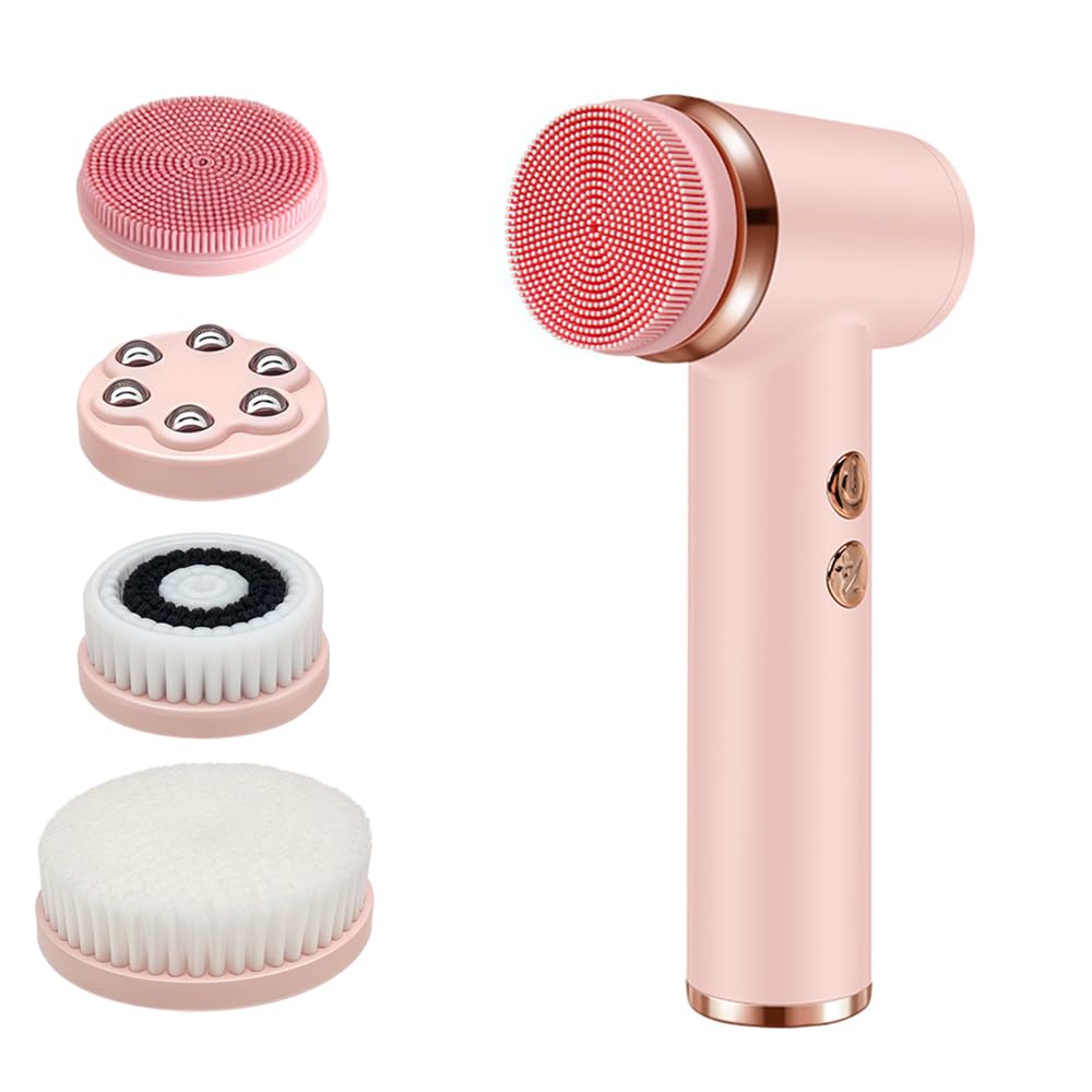 Dexmary Facial Cleansing Brush, 5 Speeds Adjustable Facial Brush, Waterproof & Rechargeable Face Scrubber Exfoliator with 4 Brush Heads for Women, Pink