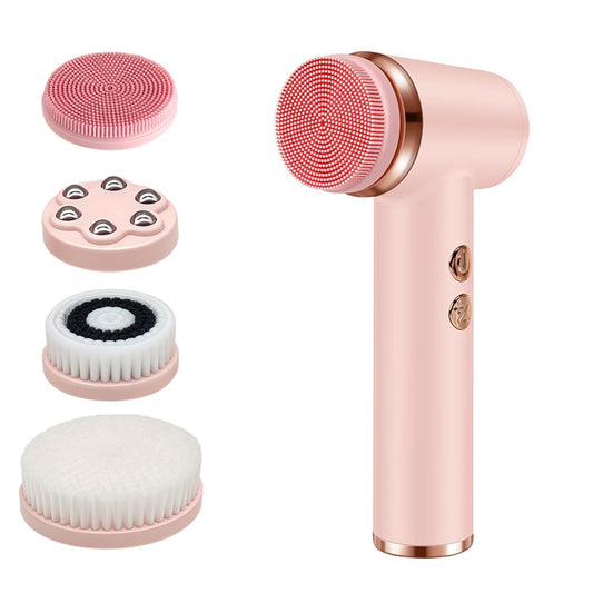 Dexmary Facial Cleansing Brush, 5 Speeds Adjustable Facial Brush, Waterproof & Rechargeable Face Scrubber Exfoliator with 4 Brush Heads for Women, Pink