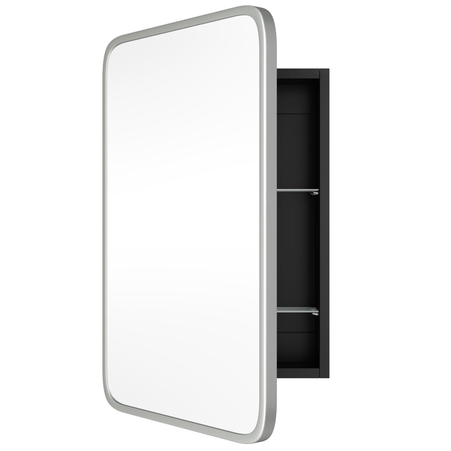 AGDULL Vintage-Style Bathroom Medicine Cabinet, Surface Mount or Recessed, Wood Wall Cabinet with Brushed Nickel Metal Frame Curved Mirror, Overall 16.5" W x 24" H