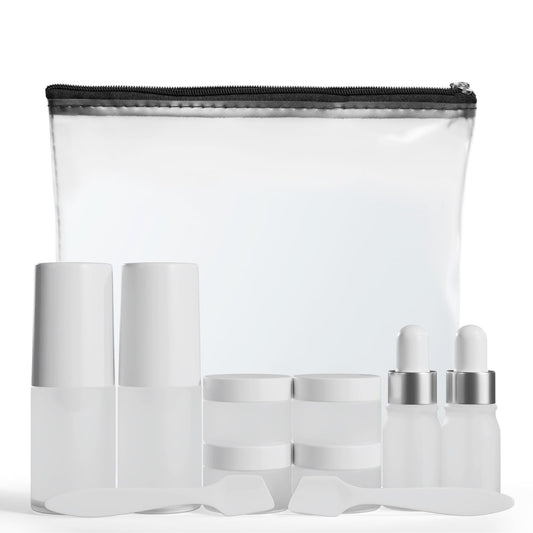 11 Piece Travel Skincare Containers Set - TSA Approved Toiletry Bag & Travel Size Toiletries Bottles - Airless Pump, Dropper Bottles & Travel Size Containers for Serums, Moisturizers, & Oils