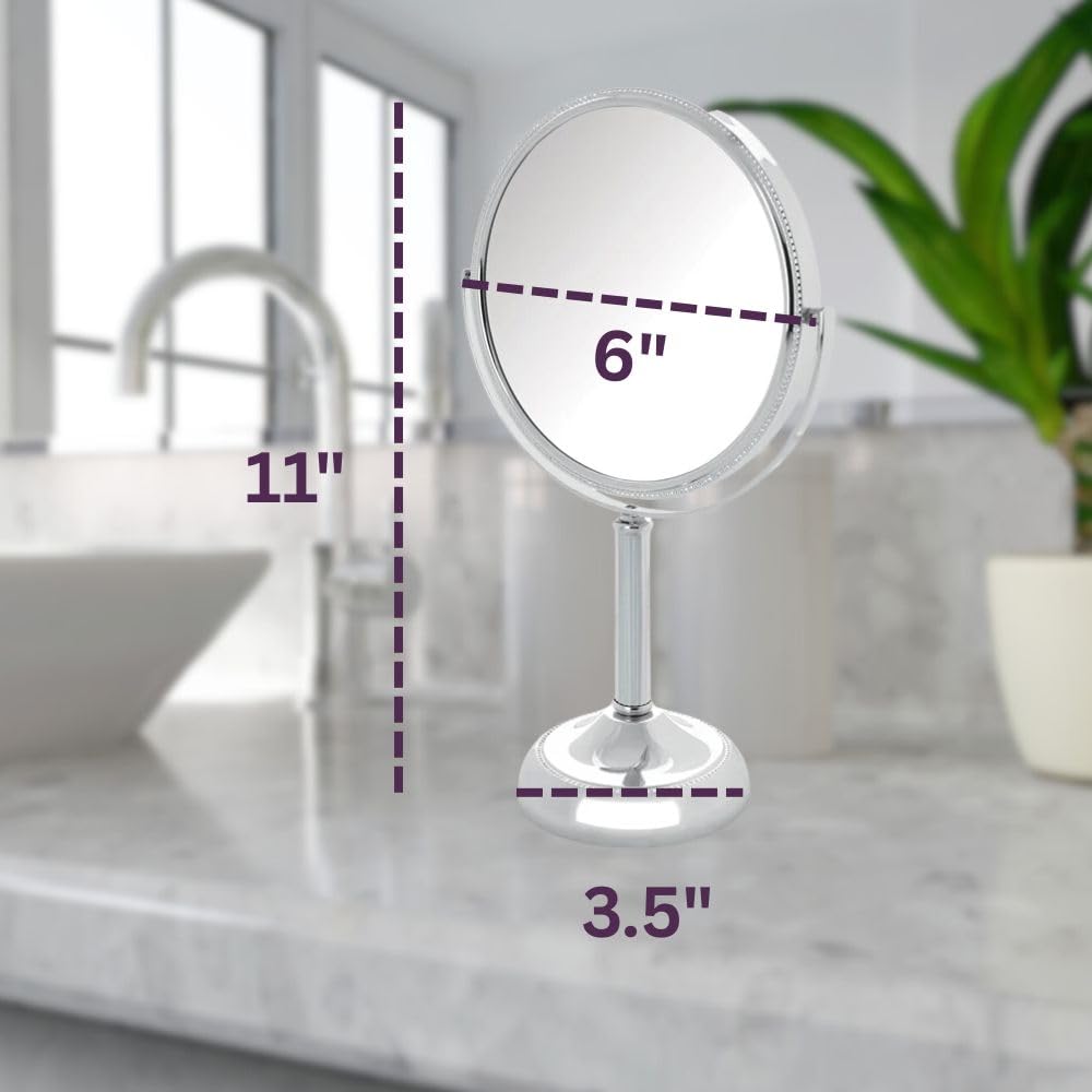 JERDON Two-Sided Tabletop Makeup Vanity Mirror - 10X-1X Magnification & Swivel Design - 6-Inch Diameter Portable Mirror – Polished Chrome Finish - Model JP910CB