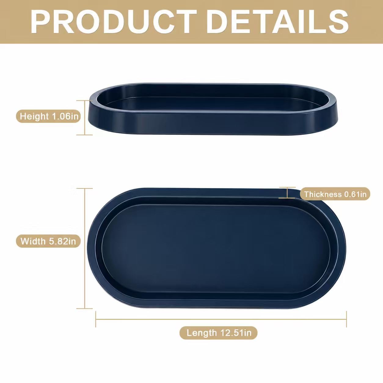 QOLyabnbn 12" Bathroom Counter Tray,Vanity Tray,Decorative Tray,Perfume Tray,Jewelry Tray, Coffee Table Tray,Soap Tray, Thickened Small Tray for Makeup,Perfume,Candles,Keys,Trinkets,Dark Blue,1 Pack