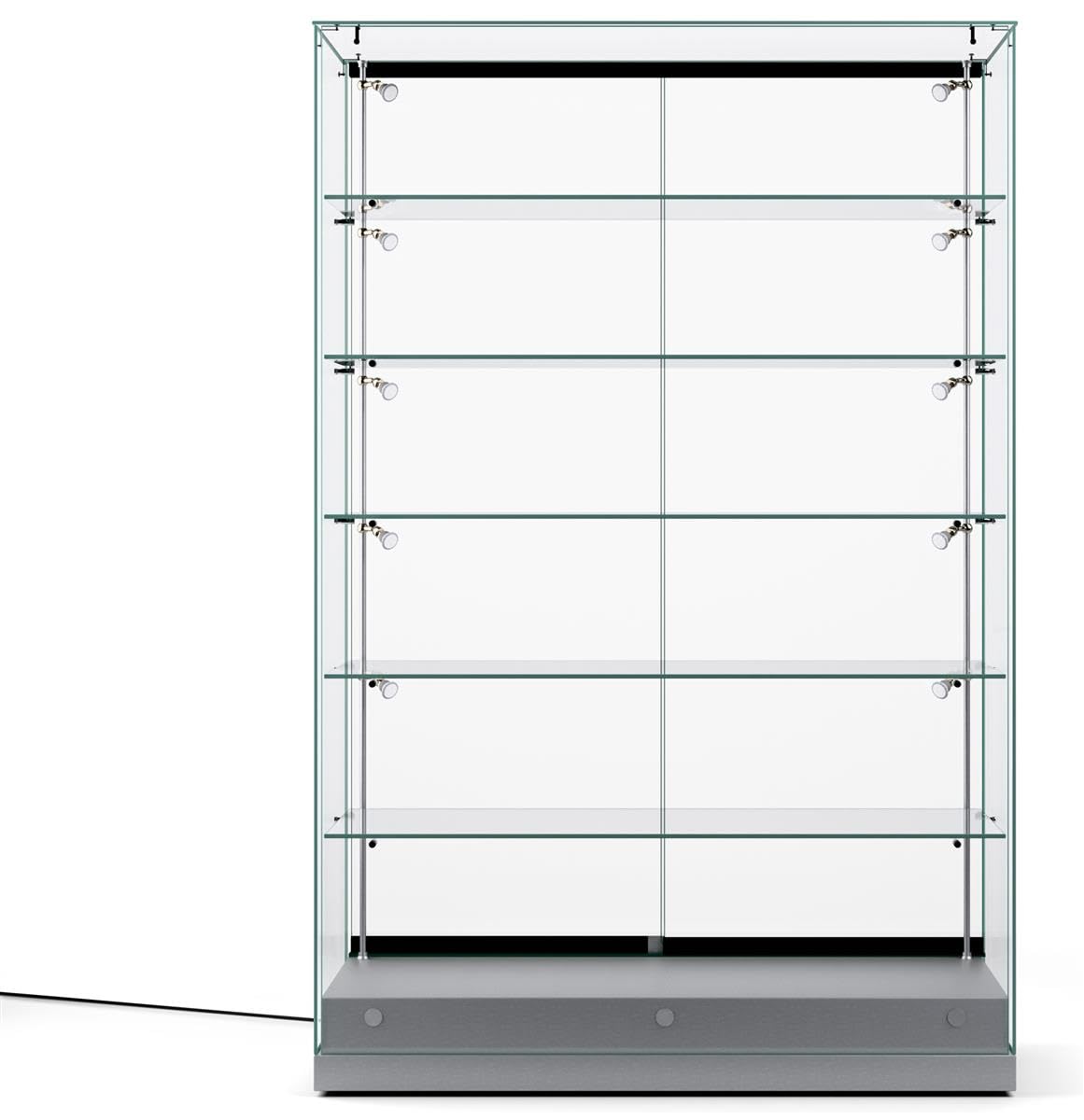 Displays2go Tempered Glass Display Cases with Lighting, Full Vision, Locking, Painted MDF Base – Silver