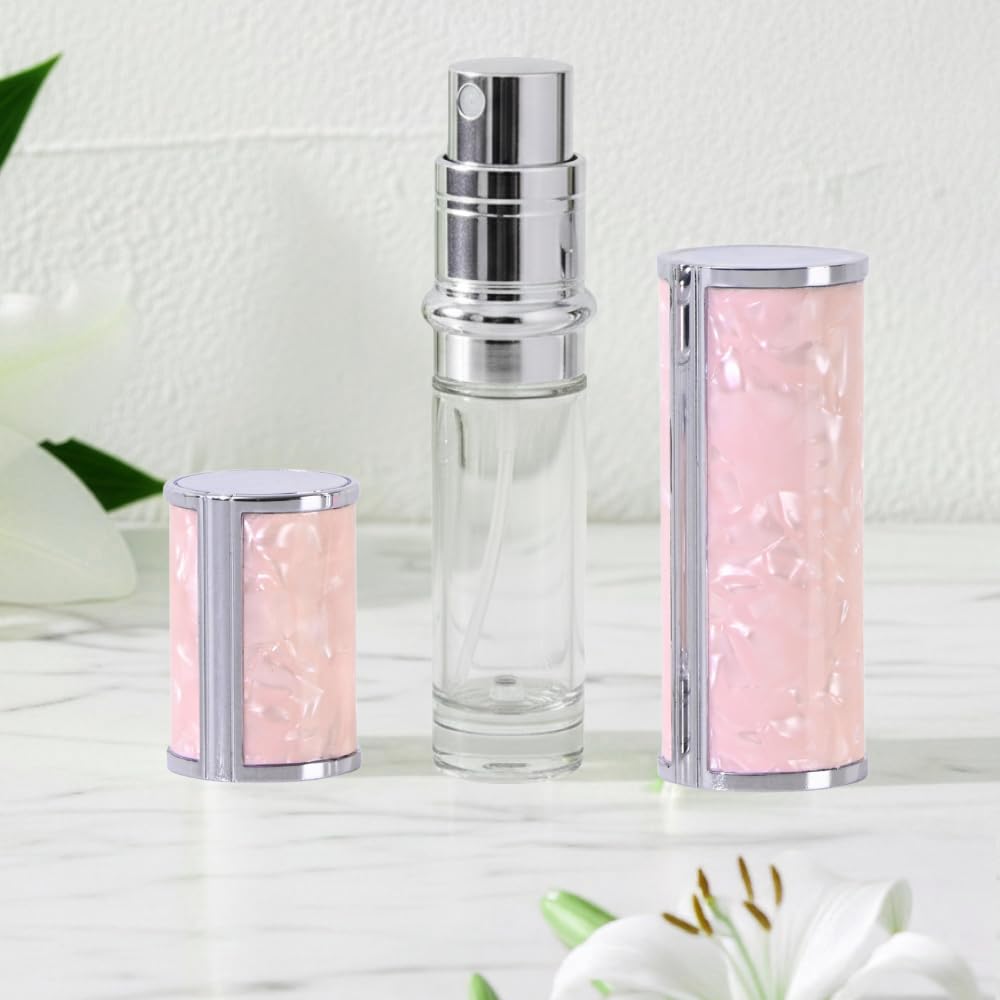 Ms Lovely Pearlescent Travel Perfume Atomizer Bottle – 5ml Refillable Mini Spray for Purse, TSA Approved Portable Fragrance Dispenser (Pink and Silver)
