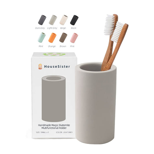 HouseSister Fast-Drying Diatomite Toothbrush Holder - Bathroom Countertop Organizer Stand for Toothpaste, Makeup Brushes, Razors & Accessories (Light Grey)