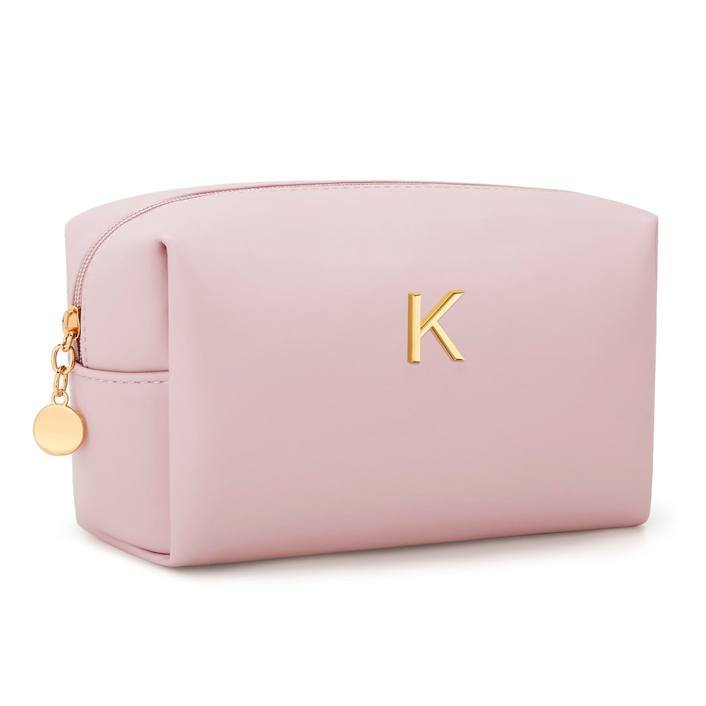 CLOUDWINGS Gifts for Women Bridesmaid Gifts Personalized Initial Makeup Bag PU Leather Cosmetic Waterproof Travel Toiletry Bag (Pink K)