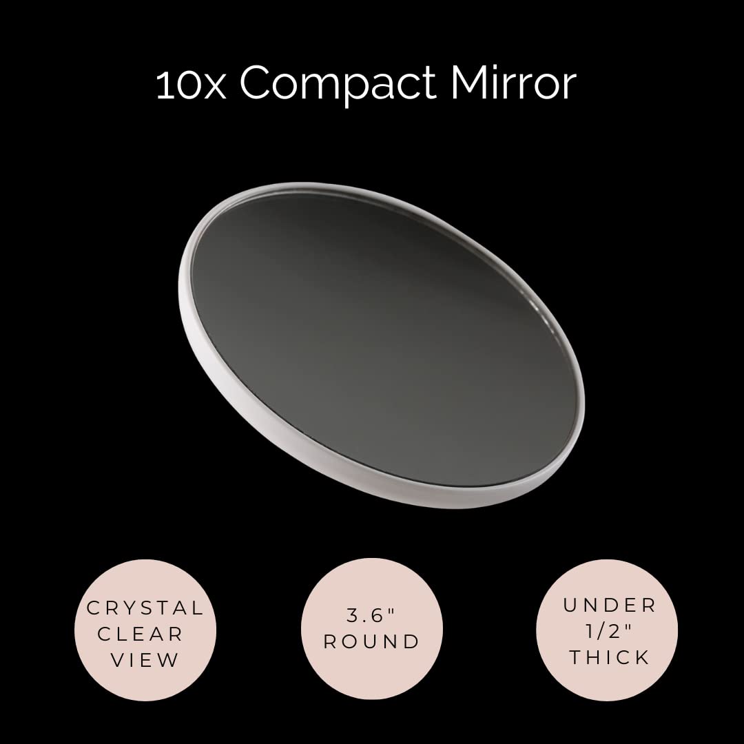 Ilios Lighting 10x Magnification Compact Mirror — Distortion-Free, Magnetic Design, 3.6" Round, Under 1/2" Thick, Perfect for Travel, Purse & Everyday Detail Work