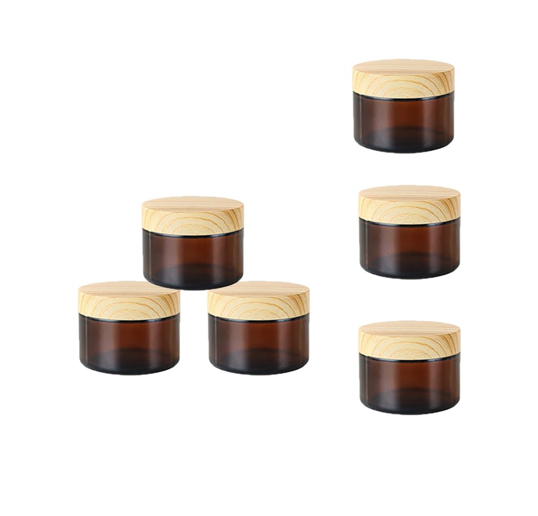 6 Pack 1 oz Glass Cosmetic Jars with Wood Grain Lids and Inner Liners,Amber 30g Cream Jar Reusable Travel Containers Glass Jars for Creams,Lotion,Ointmen,Makeup,Spice,Cosmetic,Sample