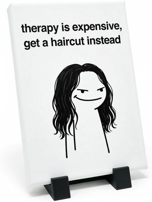 Funny Hair Stylist Gifts for Women and Men – 5x7 Canvas Salon Humor Sign with Stand – Hairdresser Decor for Barber Shop, Beauty Salon Desk, Cosmetologist Office, or Salon Reception (Therapy Is Expensive)
