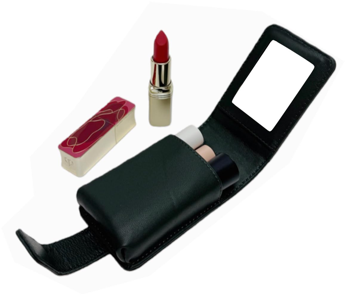 AgentMoon Handheld Lipstick Pouch with Mirror,Genuine Leather Lip Balm Case with Clamshell Magnetic Hidden Clasp and Hook for Chain.Portable Travel Cosmetic Case for Women Gift. (Dark Green Woven)