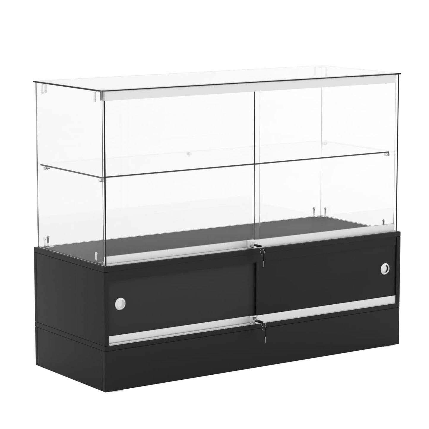 48" W X 17.9" D X 37.9" H - Glass Full Vision Showcase，Retail Display Case with Black Base，Hidden Compartment & Glass Shelving