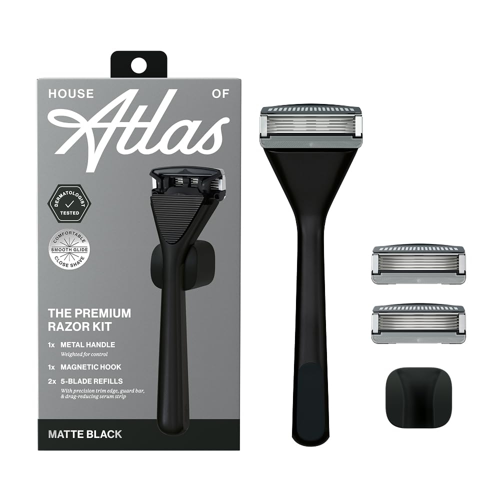 House of Atlas, Razors for Men - Mens Razors for Shaving with Handle, 2 Razor Blade Refills, & Shower Hook, 5-blade Precision Trim Edge, Smooth Close Shave, Reusable Razor for Men (Matte Black)