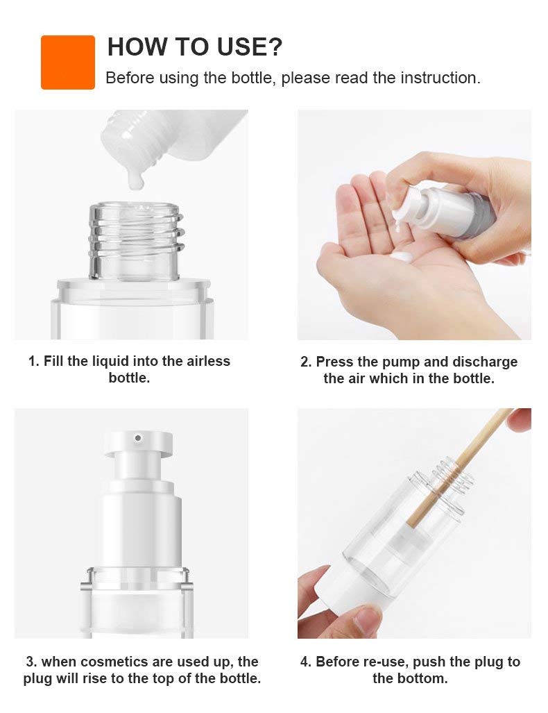 LONGWAY 3.4 Oz 100ml Clear Airless Cosmetic Cream Pump Bottle Travel Size Dispenser Refillable Containers for Shampoo, Foundation, Lotion (Pack of 6)