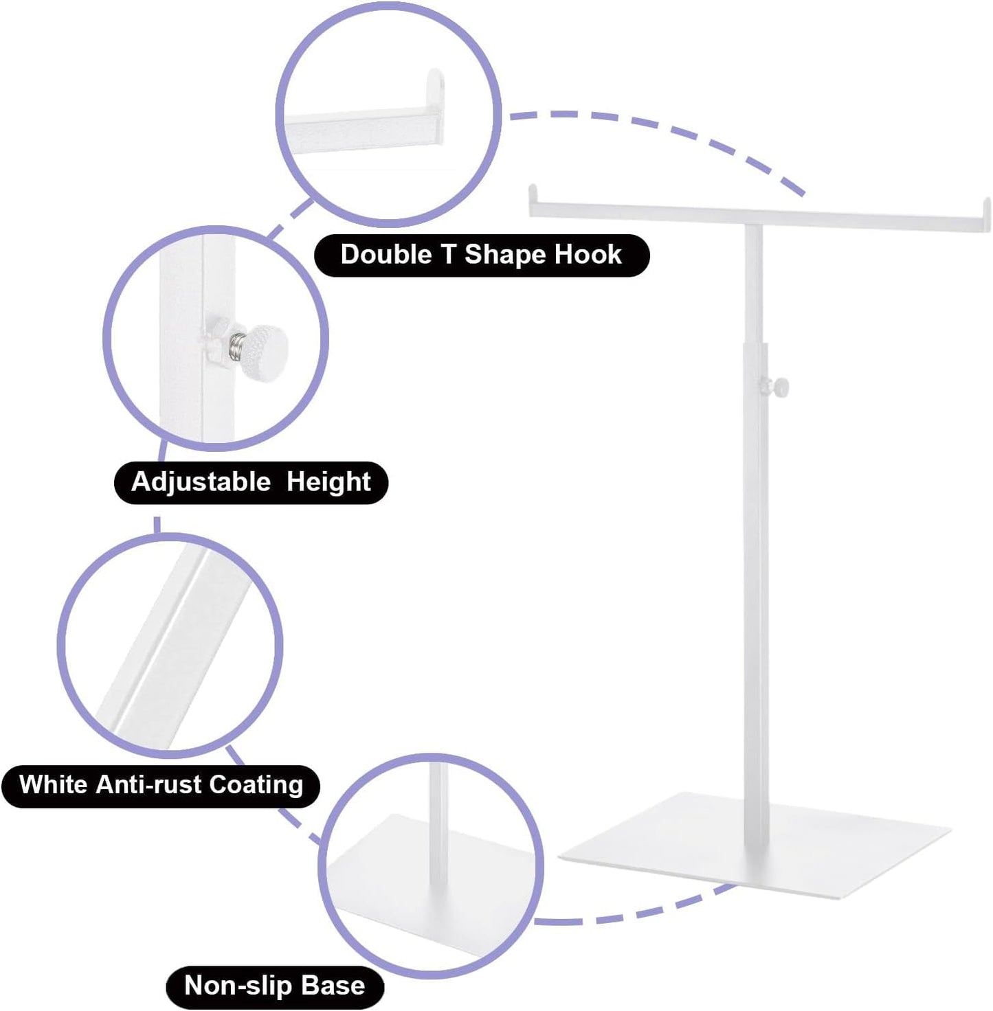 Vietrey Purse Display Stand T Shaped, Countertop Jewelry/Scarf/Handbag T-Bar Display Stand, Tabletop Double Hook Hanging Stands for Long Necklaces, Metal with Adjustable Height (White, 2Pcs)