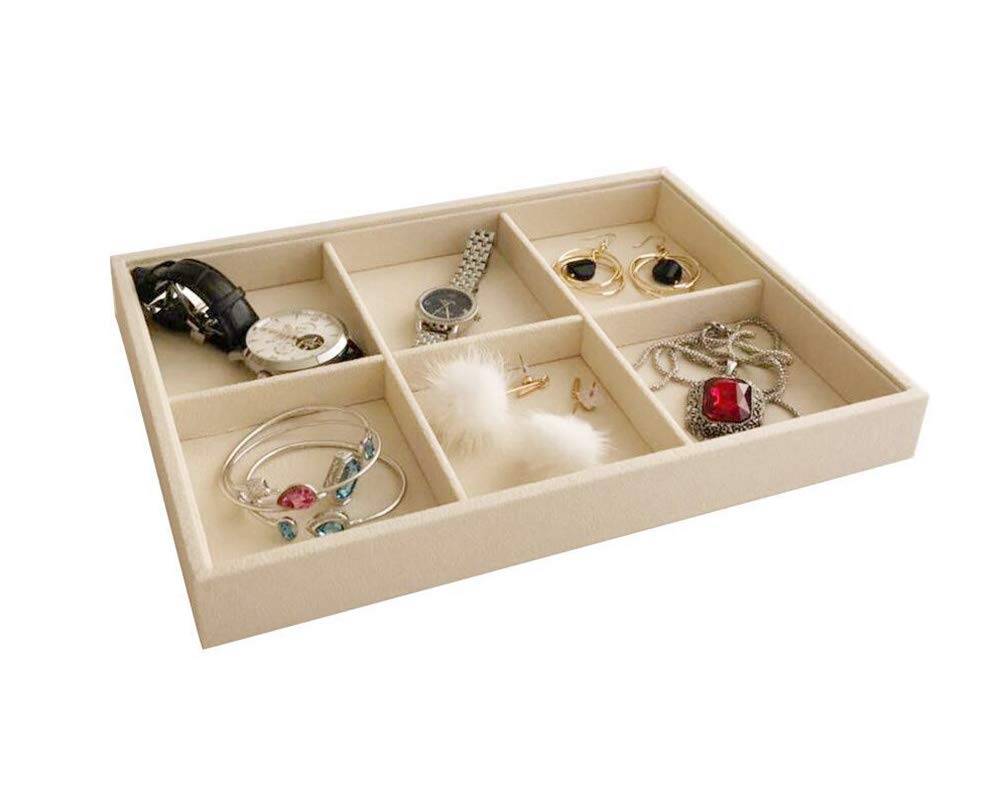 Beige Jewelry Organizer Tray 6 Compartment Medium, Stackable Display Tray for Watches Earrings Bracelets Necklaces, Removable Dividers, Slim Drawer Insert, Dressing Table Vanity Home Retail