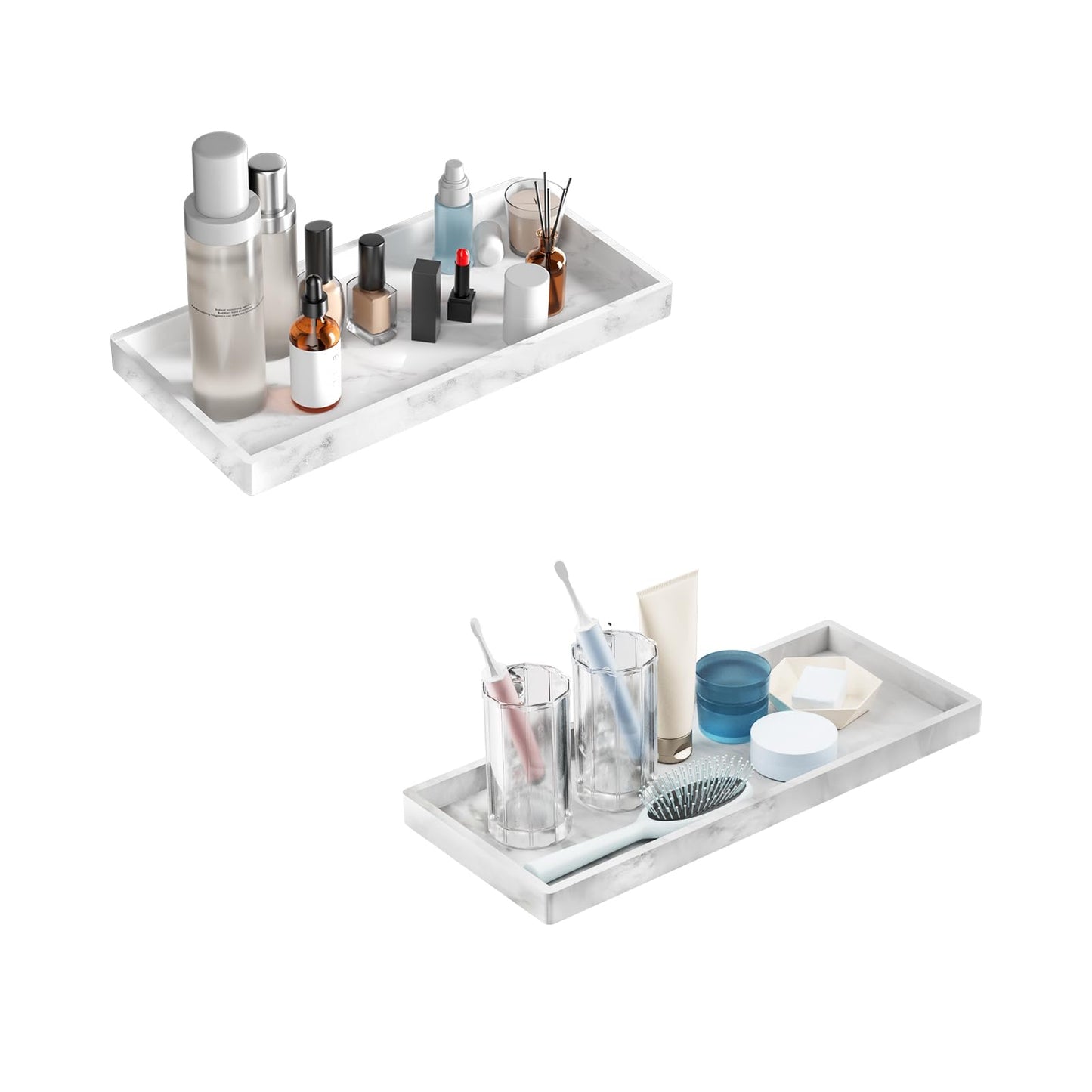 BBK Bathroom Vanity Tray 7.8 in - 2 Pack(Small) Silicone Bathroom Tray for Counter, Perfume Key Trinket Ring Tray, Decor Soap Dispenser Countertop Tray for Kitchen Sink Organization (Faux Marble Look)