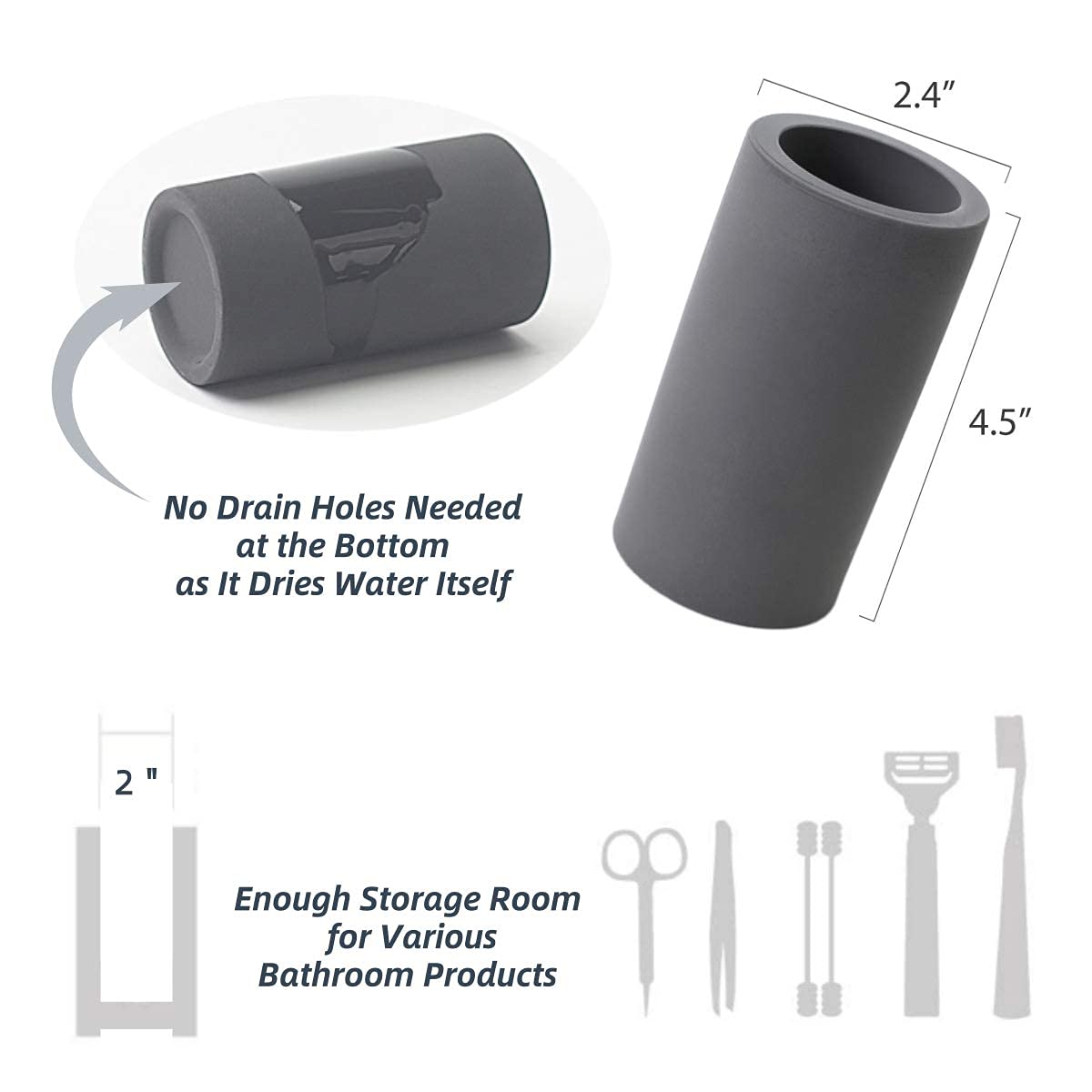 HouseSister Fast-Drying Diatomite Toothbrush Holder - Bathroom Countertop Organizer Stand for Toothpaste, Makeup Brushes, Razors & Accessories (Dark Grey)