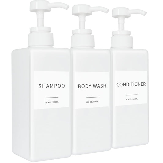 Shampoo and Conditioner Dispenser, Refillable Plastic Shampoo Pump Bottles with Waterproof Labels, Empty Body Wash Dispenser Set for Bathroom, Shower Soap Bottles (White, Set of 3, 16.9oz)