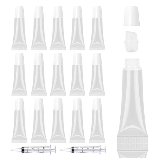 AMORIX 50PCS 10ml Lip Gloss Tubes Clear Empty Lip Balm Containers with White Cap Refillable Soft Cosmetic Squeeze Tubes for Lip Gloss Base Glitter Pigment Powder 2 Syringes + Tag Labels Stickers