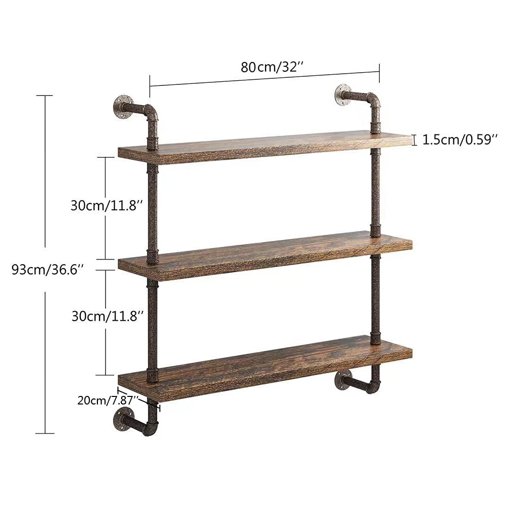 Helsin 3 Tier Industrial Pipe Shelf Rustic Wood Floating Wall Display Bookshelf Storage Rack Sundries Holder for Kitchen Office Bathroom Organization and Home Decor (32 Inch)