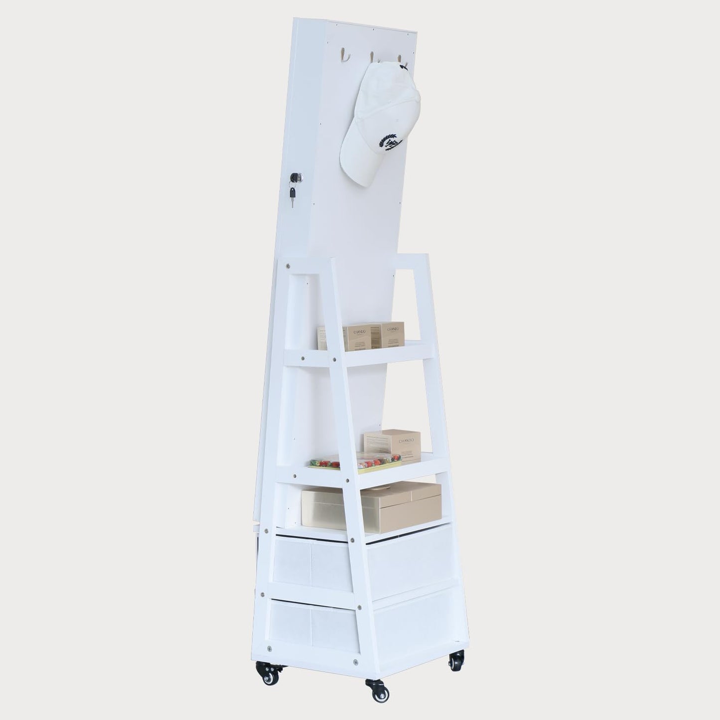 Jewelry Cabinet Standing Mirror with Drawers Wheels Full Length Mirror Jewelry Storage with Touch Screen Vanity Mirror Rotatable Jewelry Armoire Organizer with Lock White Christmas Gift for Women