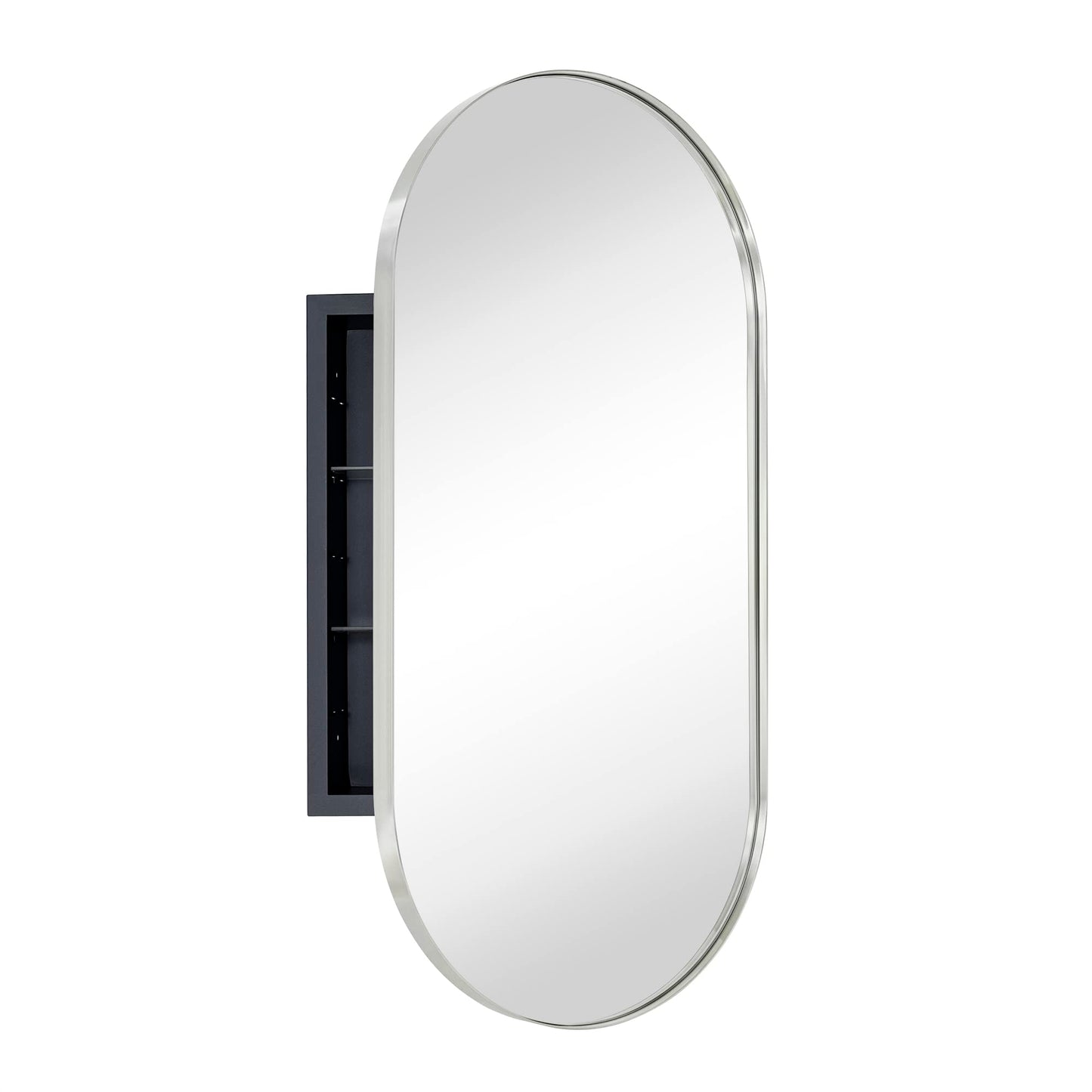 EGHOME Brushed Nickel Oval Recessed Bathroom Medicine Cabinet with Mirror Stainless Steel Metal Framed Oblong Pill Shaped Bathroom Cabinet with Mirror 16x33''