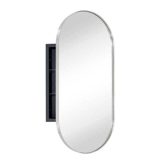 EGHOME Brushed Nickel Oval Recessed Bathroom Medicine Cabinet with Mirror Stainless Steel Metal Framed Oblong Pill Shaped Bathroom Cabinet with Mirror 16x33''