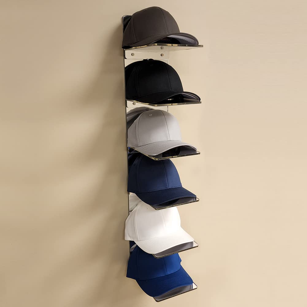 OnDisplay Luxe Acrylic Hat Rack Display - Wall Mounted Baseball Cap Organizer - Multi Shelf Wall Display for Hats (Mirror)