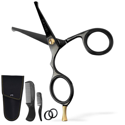 Ontaki Beard and Mustache Scissors For Men - 4.2-inch, Black, 420C Japanese Steel, Multipurpose Round Edges - Mens Grooming Scissors for Styling - Beard Trimming Kit for All Hair Types