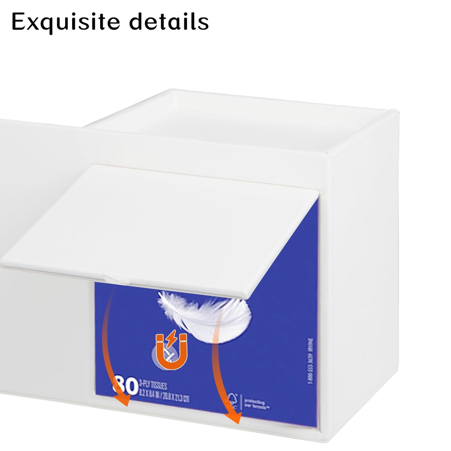 Leather Nightstand Organizer with Tissue Holder,White Square Tissue Box Cover with Organizer, Decorative Modern Facial Paper Storage Box for Bathroom Living Room Vanity Table Countertop Office
