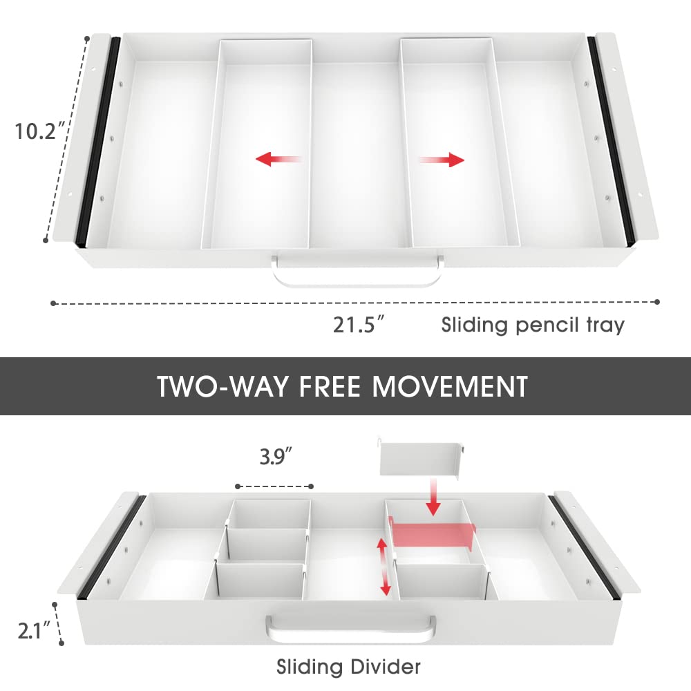 Large Size Under Desk Slide out Pencil Drawer White with Adjustable Space Divider Design for Storing Pencil and Office Accessories, Underdesk Pull out Tray Organizer Mounted for Sit Stand Workstation