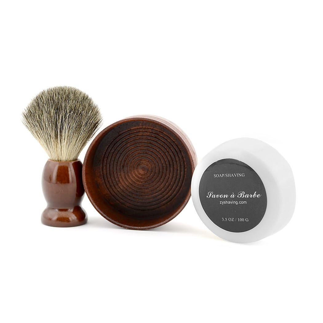 Grandslam Pure Badger Hair Shaving Brush Natural Wood Mug Bowl Hand-Made Soap Barber Set