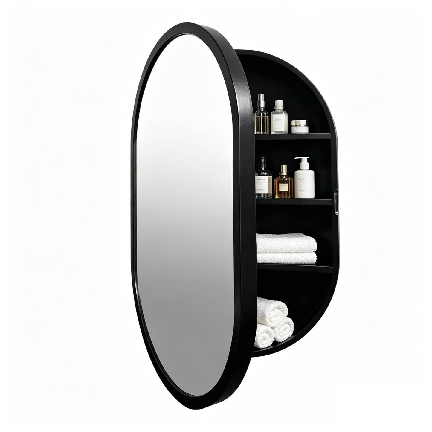 CHER-BUEATY Medicine Cabinet Oval Bathroom Mirror Solid Wood Cabinets Wall Hanging Mirror Surface Wall Mounted Solid Wood Circular Frame 4 Level 19.7 X 30.7 inch(Style B, Black)