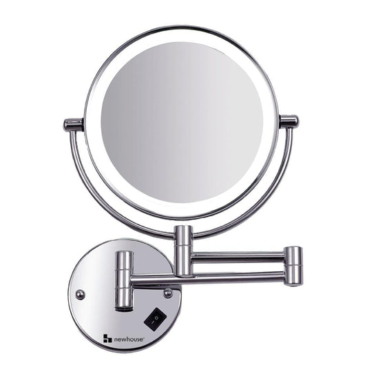 Newhouse Chrome LED Hardwired Magnifying Mirror NHMM-001-H, Lighted Makeup Mirror with Magnification, Round Arm-Mounted Mirror with Halo Light