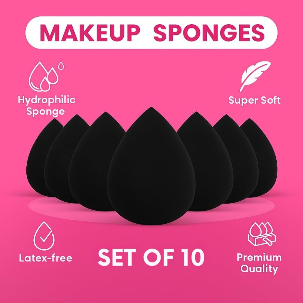 10 Pack Makeup Sponges for Foundation Blending Reusable Beauty Applicators for Liquid Cream & Powder Water Drop Design Latex Free and Fragrance Free