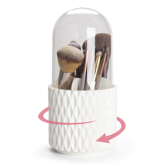 HSSPANFN Makeup Brush Holder Organizer with Lid -360° Rotating Dustproof Make Up Brushes Container with Clear Acrylic Cover, Spinning Cosmetics Holders Storage Cup with 5 Compartment