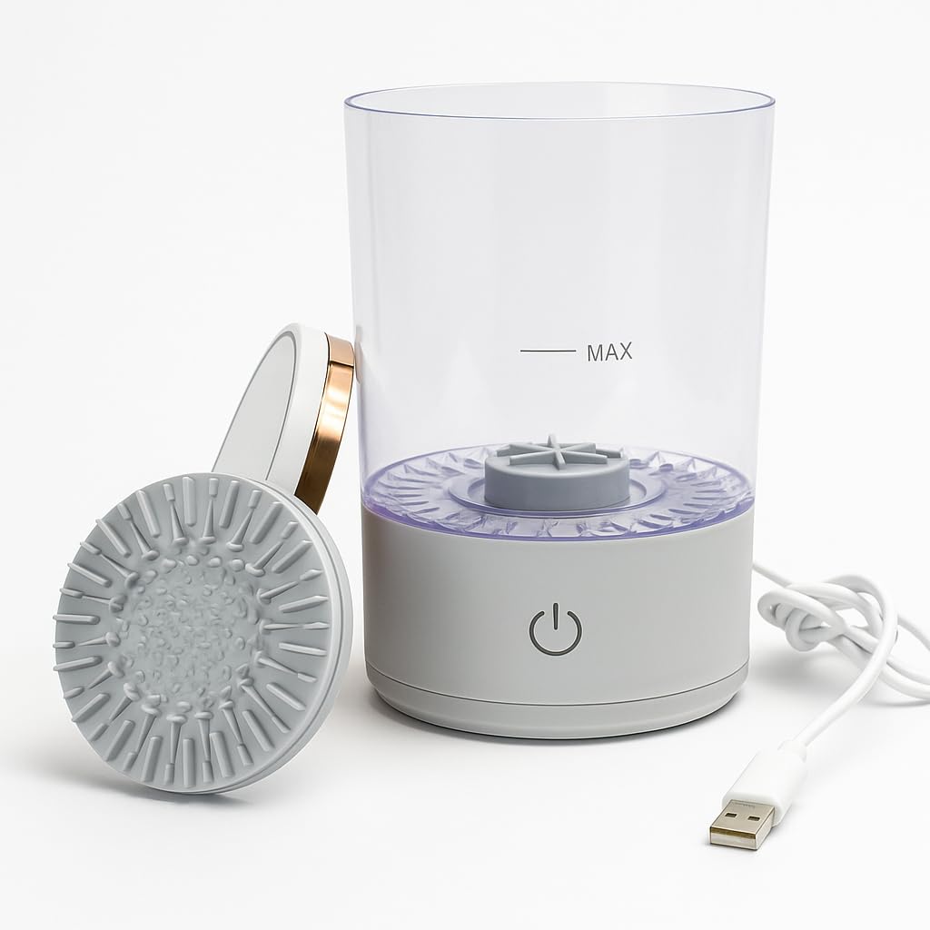 BuyBooz Electric Makeup Brush Cleaner – 7000RPM Quick-Dry Spinner with Brush Holder Lid – Portable 5V USB Powered Brush Washing Machine – White Color for Home & Travel Use