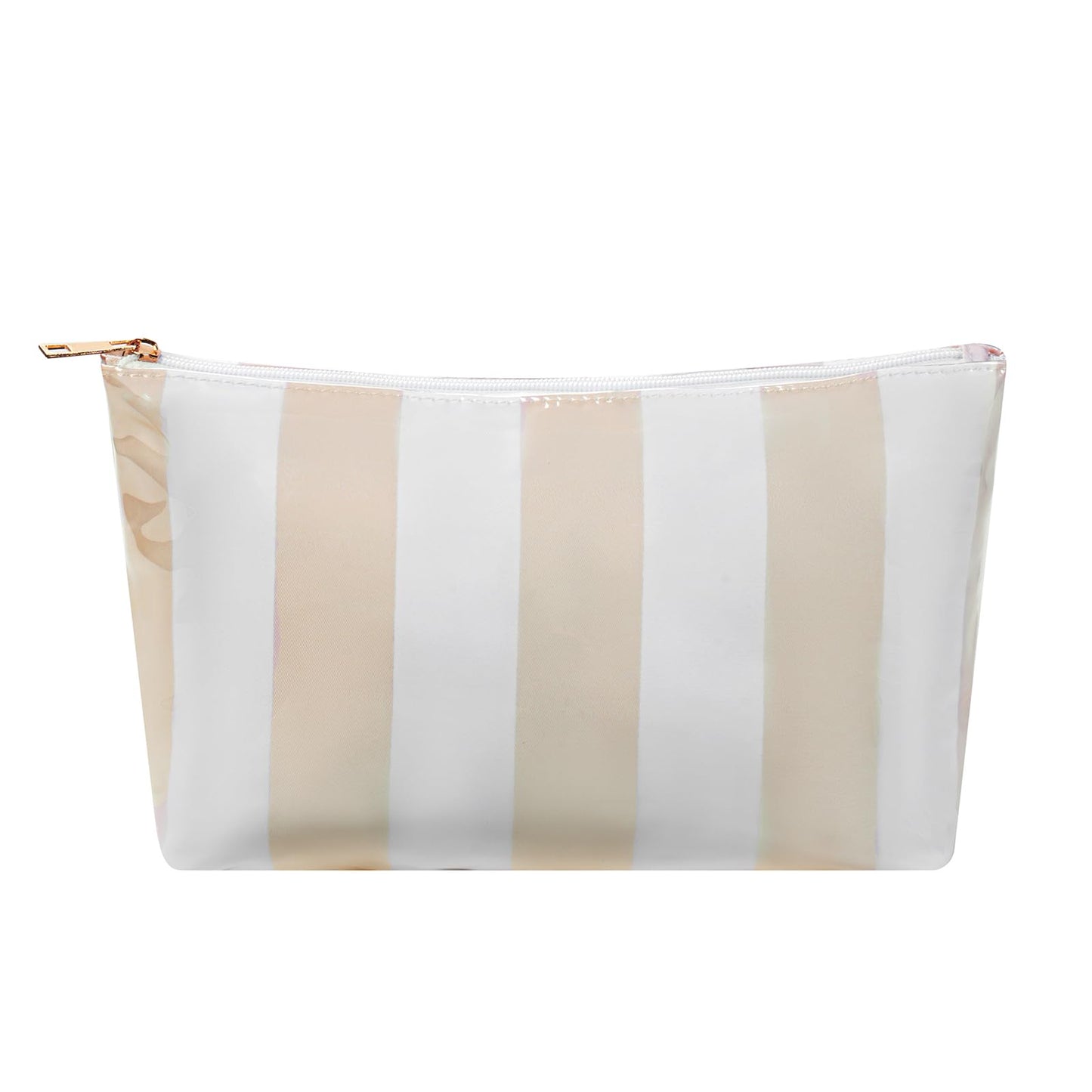 Large PVC Waterproof Striped Makeup Bag,Clear Coated Cosmetic Bags,Easy to Clean,Travel Organizer Zipper Pouch Beach Vacation Essentials for Women Girls(02Beige)