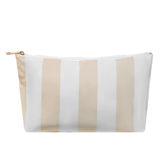 Large PVC Waterproof Striped Makeup Bag,Clear Coated Cosmetic Bags,Easy to Clean,Travel Organizer Zipper Pouch Beach Vacation Essentials for Women Girls(02Beige)