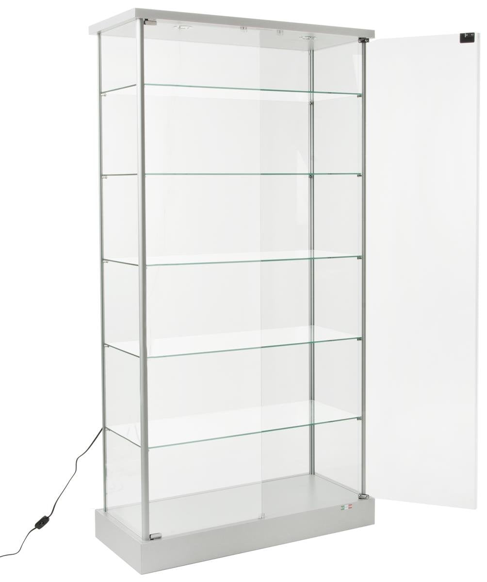Displays2go Full Vision Lighted Cabinet, Laminated MDF, Aluminum & Tempered Glass Build – Silver Finish (193CPLEDSL)