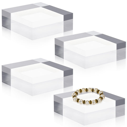 Qunclay 4 Pcs 4 x 4 x 2 Inches Acrylic Square Display Block Clear Polished Acrylic Cubes Jewelry Display Stand for Jewelry Ring Showcase Holder Base Collections